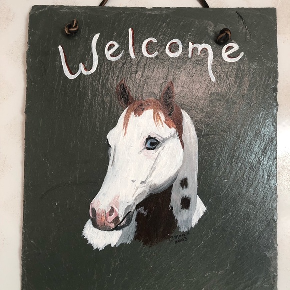 Signed C March Artist Other - Home Decor Rustic SLATE PAINT HORSE WELCOME DOOR HANGER Hand Painted Stone Art